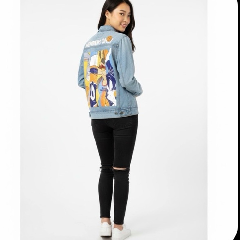 Retro Bold Members Only Space Jam Unisex Blue and White Denim Jacket Sz Medium